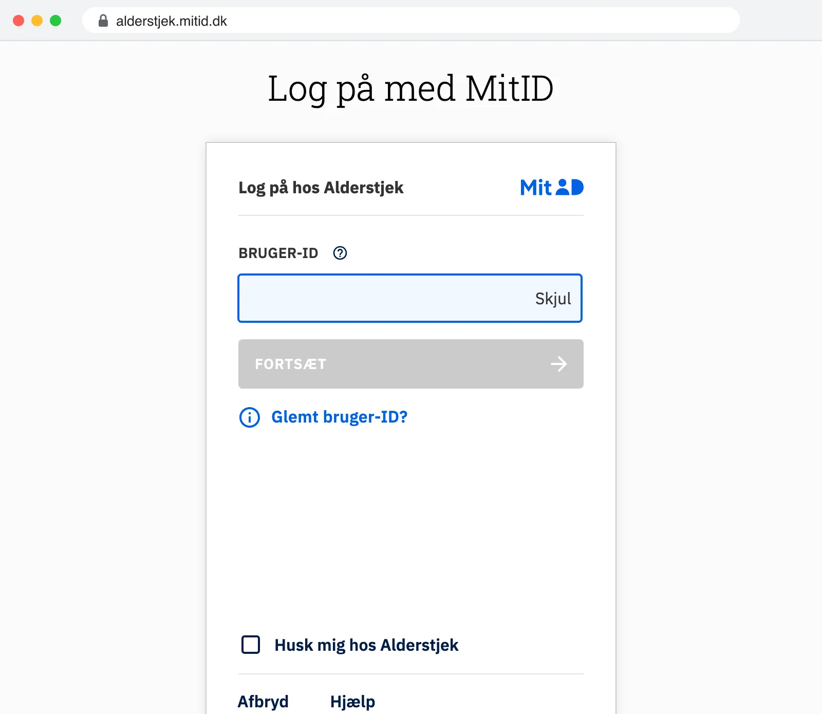 MitID's login-side på adressen alderstjek.mitid.dk med feltet til bruger-id